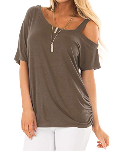 YOINS - Blusa de manga corta para mujer con un hombro descubierto - Camiseta de verano de estilo informal y de color liso