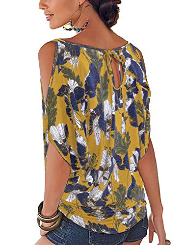 YOINS - Blusa informal de verano con los hombros descubiertos, cuello escotado, cierre anudado y estampado floral para mujer C-amarillo S