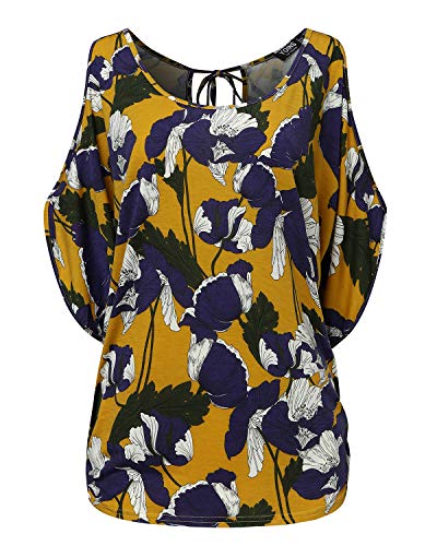 YOINS - Blusa informal de verano con los hombros descubiertos, cuello escotado, cierre anudado y estampado floral para mujer C-amarillo S