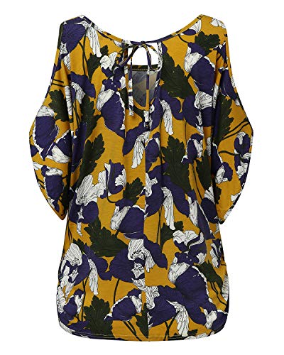 YOINS - Blusa informal de verano con los hombros descubiertos, cuello escotado, cierre anudado y estampado floral para mujer C-amarillo S