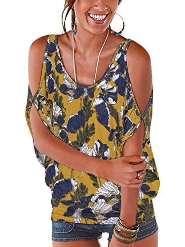 YOINS - Blusa informal de verano con los hombros descubiertos, cuello escotado, cierre anudado y estampado floral para mujer C-amarillo S