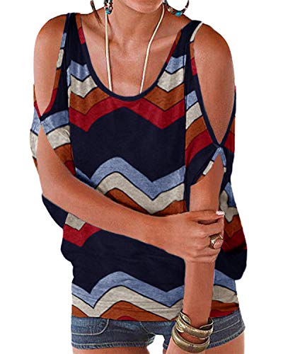 YOINS - Blusa informal de verano con los hombros descubiertos, cuello escotado, cierre anudado y estampado floral para mujer Colorblock-azul claro XXL