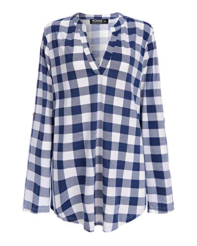 YOINS Blusa Mujer Manga Larga Camiseta Cuello V Camisa Elegante Túnica Casual SueltoTops Otoño Invierno Tela Escocesa Azul 01 S