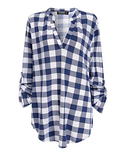 YOINS Blusa Mujer Manga Larga Camiseta Cuello V Camisa Elegante Túnica Casual SueltoTops Otoño Invierno Tela Escocesa Azul 01 S