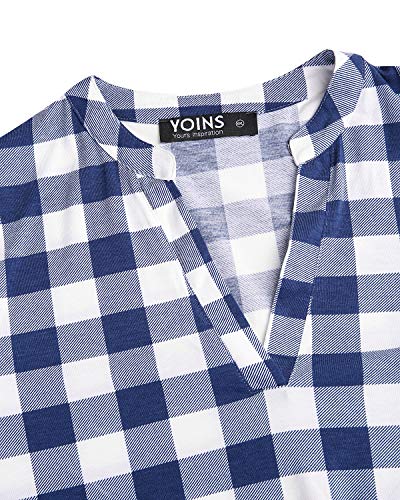 YOINS Blusa Mujer Manga Larga Camiseta Cuello V Camisa Elegante Túnica Casual SueltoTops Otoño Invierno Tela Escocesa Azul 01 S