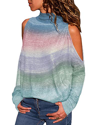 Yoins - Blusas holgadas informales para mujer, de cuello alto, manga larga, estampados a rayas geométricas, hombros descubiertos