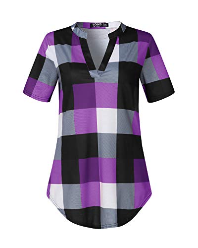 YOINS - Camisa de manga larga para mujer, con cuello de pico, estilo clásico, informal, diseño a cuadros, blusa para mujer