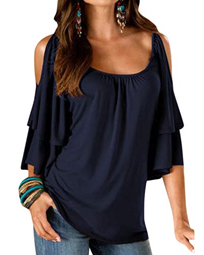 YOINS - Camiseta de hombro descubierto para mujer. Holgada y con cuello redondo, para verano A-azul marino XXL