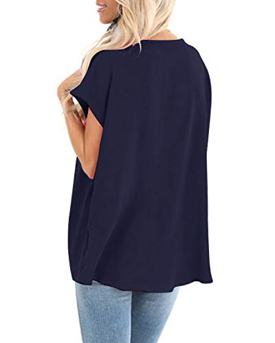 YOINS - Camiseta de manga corta con cuello en V para mujer, sexy, lisa, suelta Azul azul marino XL