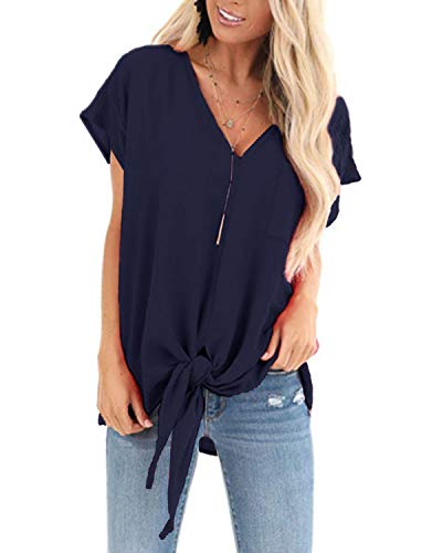 YOINS - Camiseta de manga corta con cuello en V para mujer, sexy, lisa, suelta Azul azul marino XL