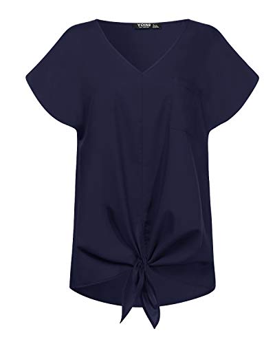 YOINS - Camiseta de manga corta con cuello en V para mujer, sexy, lisa, suelta Azul azul marino XL