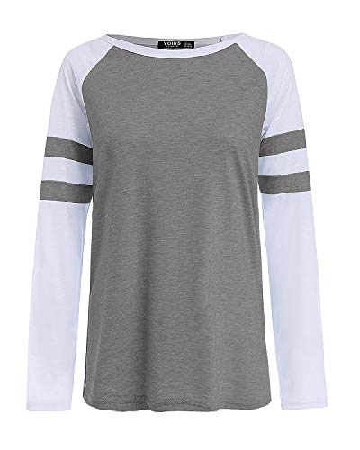 YOINS Camiseta de Manga Larga para Mujer Camisas con Rayas Cuello Redondo Casual Blusas Elegante Tops Gris S
