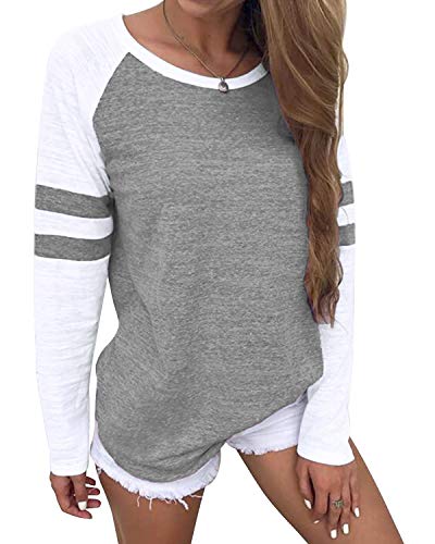 YOINS Camiseta de Manga Larga para Mujer Camisas con Rayas Cuello Redondo Casual Blusas Elegante Tops Gris S