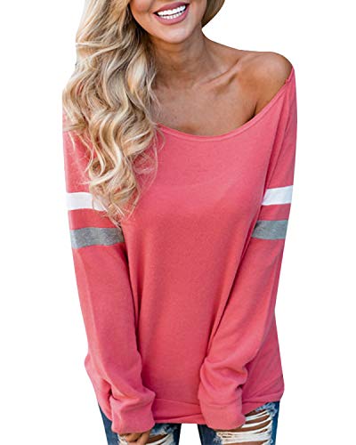 YOINS Camiseta de Manga Larga para Mujer Camisas con Rayas Cuello Redondo Casual Blusas Elegante Tops Rojo-01 L