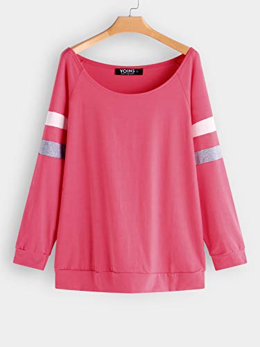 YOINS Camiseta de Manga Larga para Mujer Camisas con Rayas Cuello Redondo Casual Blusas Elegante Tops Rojo-01 L