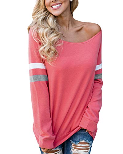 YOINS Camiseta de Manga Larga para Mujer Camisas con Rayas Cuello Redondo Casual Blusas Elegante Tops Rojo-01 L