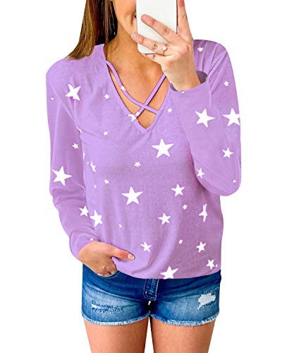 YOINS – Camiseta de mujer sexy, parte superior para mujer, cuello en V, manga larga, con estrellas Color lila. XL