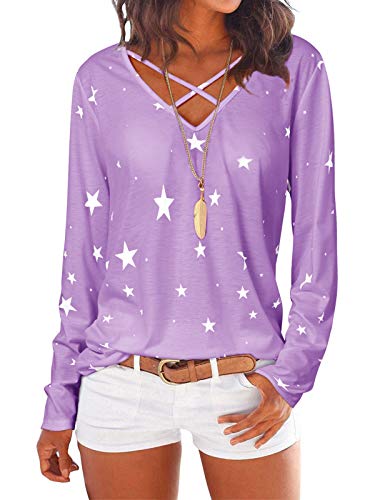 YOINS – Camiseta de mujer sexy, parte superior para mujer, cuello en V, manga larga, con estrellas Color lila. XL