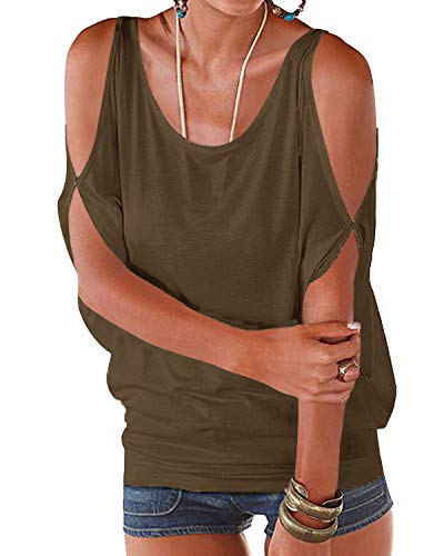 YOINS - Camiseta informal de verano para mujer, hombros descubiertos, cuello redondo, con cordones, color sólido