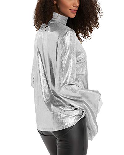 YOINS Camiseta Manga Larga Mujer Camisa Cuello V Blusa Brillante Metálico Sexy Tops Mangas Acampanadas A-Blanco XXL