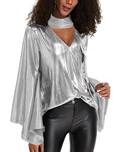 YOINS Camiseta Manga Larga Mujer Camisa Cuello V Blusa Brillante Metálico Sexy Tops Mangas Acampanadas A-Blanco XXL