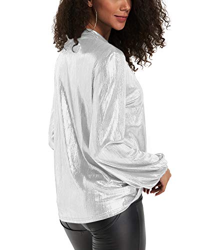 YOINS Camiseta Manga Larga Mujer Camisa Cuello V Blusa Brillante Metálico Sexy Tops Mangas Acampanadas Blanco EU48