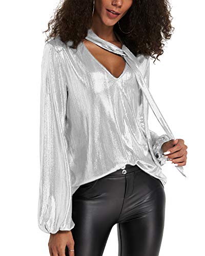 YOINS Camiseta Manga Larga Mujer Camisa Cuello V Blusa Brillante Metálico Sexy Tops Mangas Acampanadas Blanco EU48