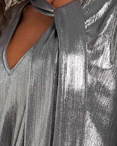 YOINS Camiseta Manga Larga Mujer Camisa Cuello V Blusa Brillante Metálico Sexy Tops Mangas Acampanadas Plata EU46