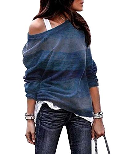 YOINS Camiseta Mujer de Manga Larga Blusa con Hombros Fríos Camisa Casual Camisetas a Rayas Cuello Redondo Imprimiendo Pullover A-Azul S