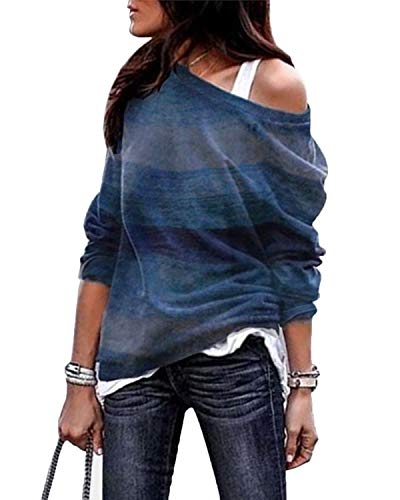 YOINS Camiseta Mujer de Manga Larga Blusa con Hombros Fríos Camisa Casual Camisetas a Rayas Cuello Redondo Imprimiendo Pullover A-Azul S