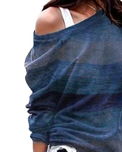 YOINS Camiseta Mujer de Manga Larga Blusa con Hombros Fríos Camisa Casual Camisetas a Rayas Cuello Redondo Imprimiendo Pullover A-Azul S