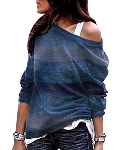 YOINS Camiseta Mujer de Manga Larga Blusa con Hombros Fríos Camisa Casual Camisetas a Rayas Cuello Redondo Imprimiendo Pullover A-Azul S