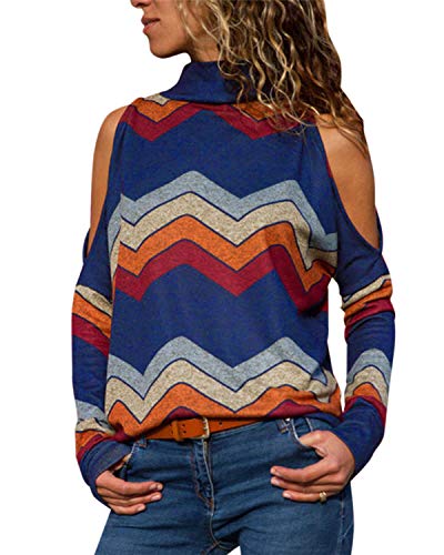 YOINS Camiseta Mujer de Manga Larga Blusa con Hombros Fríos Camisa Casual Camisetas a Rayas Cuello Redondo Imprimiendo Pullover Azul Real EU36-38