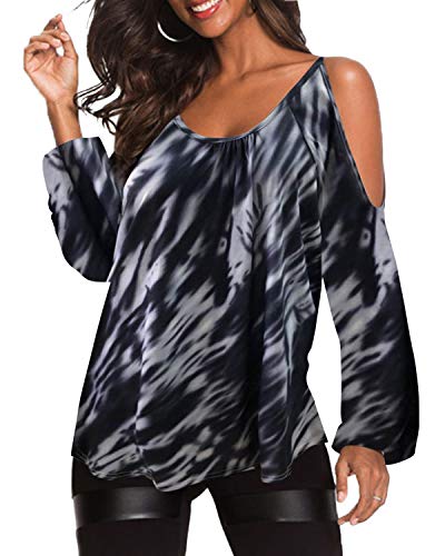 YOINS Camiseta Mujer Elegante de Manga Larga Camisa de Hombro Frío Blusa Casual Fiesta Tops Gris-01 XXL