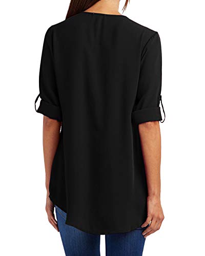 YOINS Camiseta Mujer Manga Larga Camisa V Cuello de Gasa Blusa de Otoño Cremallera Tops Negro-Nuevo S