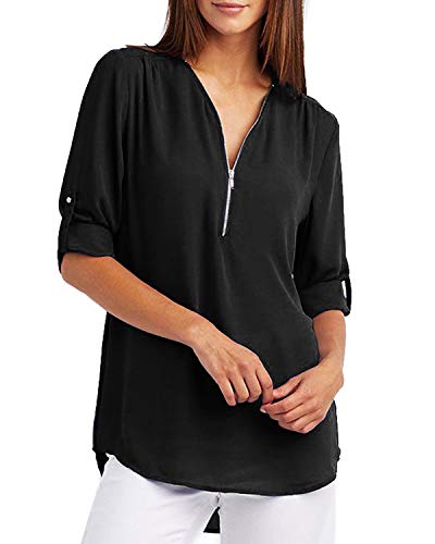 YOINS Camiseta Mujer Manga Larga Camisa V Cuello de Gasa Blusa de Otoño Cremallera Tops Negro-Nuevo S