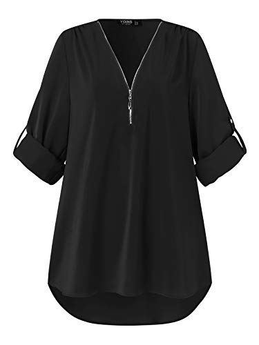 YOINS Camiseta Mujer Manga Larga Camisa V Cuello de Gasa Blusa de Otoño Cremallera Tops Negro-Nuevo S
