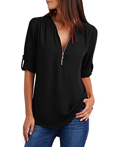 YOINS Camiseta Mujer Manga Larga Camisa V Cuello de Gasa Blusa de Otoño Cremallera Tops Negro-Nuevo S