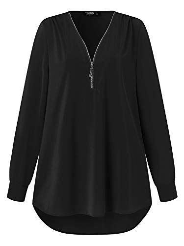 YOINS Camiseta Mujer Manga Larga Camisa V Cuello de Gasa Blusa de Otoño Cremallera Tops Negro-Nuevo S