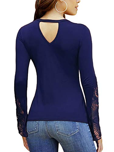 YOINS Camiseta Sexy para Mujer Ahuecar Blusa Elegante Translúcido de Gasa Ligera Tops de Manga Larga Cuello V 3-Azul Oscuro XL