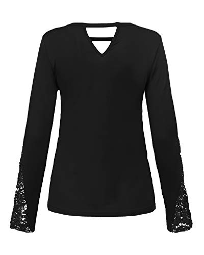 YOINS Camiseta Sexy para Mujer Ahuecar Blusa Elegante Translúcido de Gasa Ligera Tops de Manga Larga Cuello V 3-Negro XL