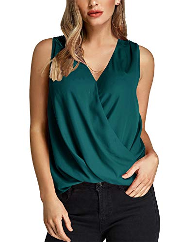 YOINS Camiseta Sin Mangas Mujer Camisola Gasa Camiseta con Cuello En V Camisa Trabajo Informal Playa Blusa Tops Verano Verde Claro S