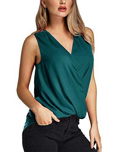 YOINS Camiseta Sin Mangas Mujer Camisola Gasa Camiseta con Cuello En V Camisa Trabajo Informal Playa Blusa Tops Verano Verde Claro S