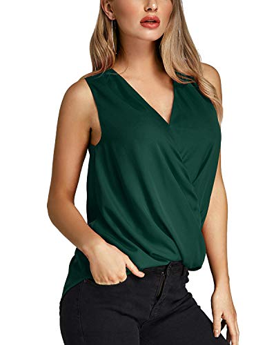 YOINS Camiseta Sin Mangas Mujer Camisola Gasa Camiseta con Cuello En V Camisa Trabajo Informal Playa Blusa Tops Verano Verde M