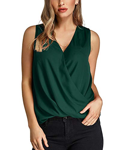 YOINS Camiseta Sin Mangas Mujer Camisola Gasa Camiseta con Cuello En V Camisa Trabajo Informal Playa Blusa Tops Verano Verde M