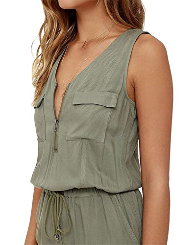 YOINS Mono corto de verano para mujer, sexy, sin hombros, elegante, monocolor, sin mangas Verde ejército A. 48