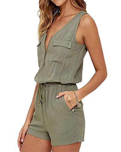 YOINS Mono corto de verano para mujer, sexy, sin hombros, elegante, monocolor, sin mangas Verde ejército A. 48