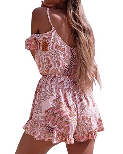 YOINS - Mono corto para mujer, de una pieza, sin hombros, con hombros descubiertos, parte superior A-rosa. XS