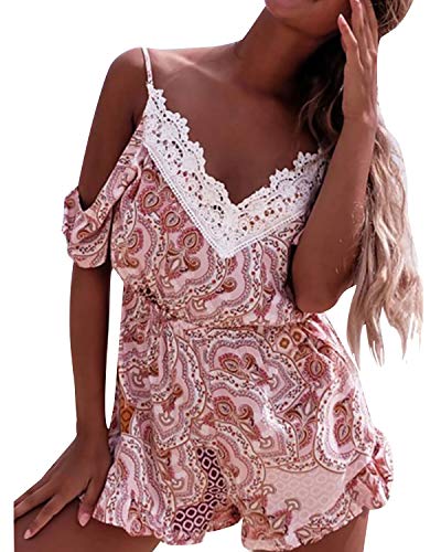 YOINS - Mono corto para mujer, de una pieza, sin hombros, con hombros descubiertos, parte superior A-rosa. XS