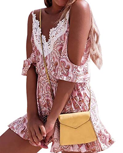 YOINS - Mono corto para mujer, de una pieza, sin hombros, con hombros descubiertos, parte superior A-rosa. XS